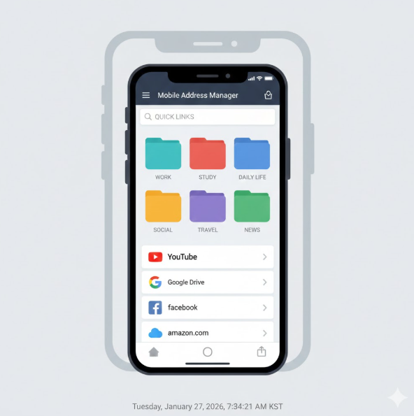 관적인 모바일 UI: 두 번째 이미지는 스마트폰 환경에 최적화된 앱 인터페이스를 보여줍니다. 'WORK', 'STUDY', 'DAILY LIFE' 등 용도별로 구분된 컬러풀한 폴더 시스템과 유튜브, 구글 드라이브 같은 주요 사이트의 리스트를 배치하여 누구나 쉽게 주소를 관리할 수 있음을 나타냅니다.