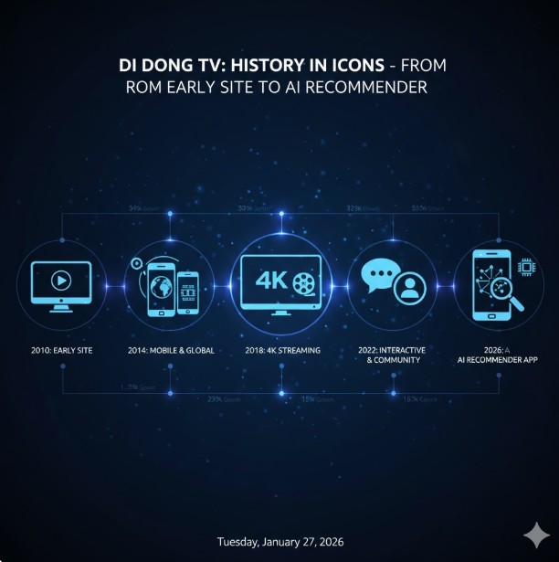 역사와 성장: 타임라인 이미지는 2010년 서비스 런칭 이후 2018년 4K 스트리밍 도입, 2026년 AI 개인화 및 VR/AR 통합까지의 주요 기술적 변천사를 담고 있습니다.