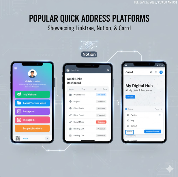 플랫폼 다양성: Linktree, Notion, Carrd 등 실제 인기 플랫폼의 인터페이스 예시를 통해, 개인 브랜딩부터 비즈니스 마케팅까지 폭넓게 활용되는 디지털 생태계를 확인할 수 있습니다.