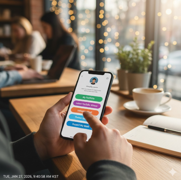 일상의 생산성: 카페에서 스마트폰을 터치하는 모습은 모바일 시대에 QR 코드나 바이오 링크가 우리 일상에 얼마나 깊숙이 침투해 있는지를 실감 나게 표현합니다.