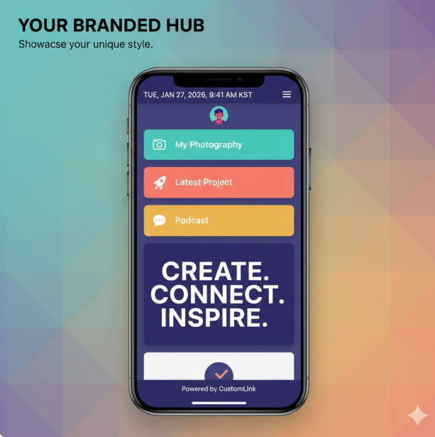 모바일 기기에 최적화된 **'나만의 브랜드 페이지'**를 보여줍니다. 사진, 프로젝트, 팟캐스트 등 다양한 콘텐츠를 한곳에 모아 사용자 고유의 스타일로 커스터마이징할 수 있는 직관적인 UI를 강조합니다.