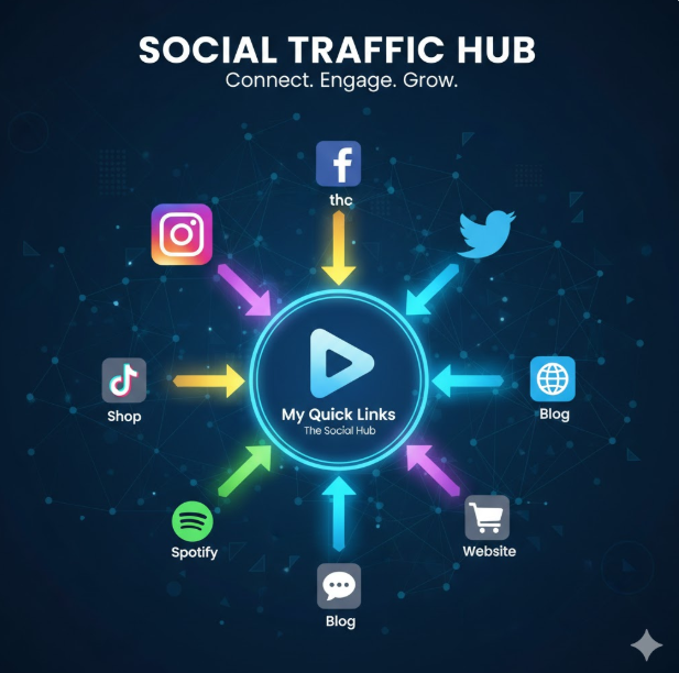 인스타그램, 틱톡, 스포티파이, 블로그 등 파편화된 소셜 미디어 채널을 하나의 허브로 연결하는 기능을 설명합니다. 모든 플랫폼의 유입 경로를 중앙으로 집중시켜 효율적인 트래픽 관리와 성장을 돕는 구조입니다