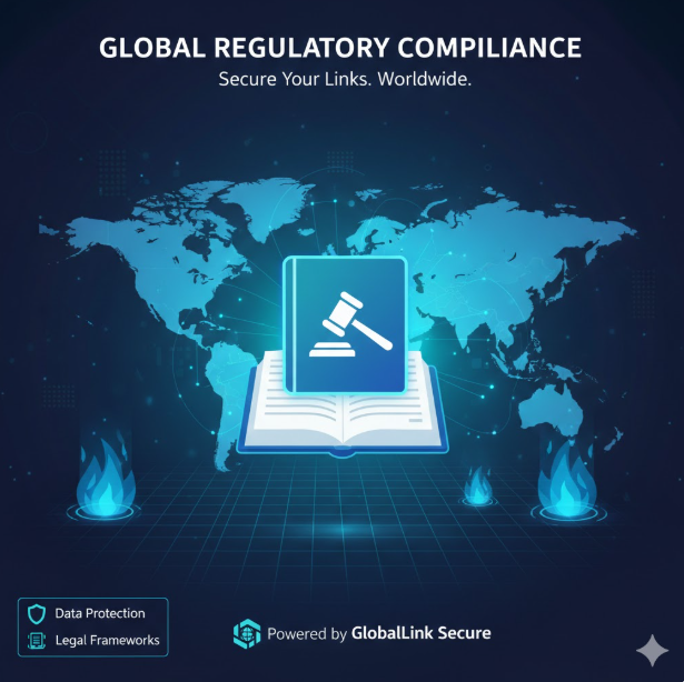 전 세계 어디서나 안전하게 링크를 공유할 수 있도록 **데이터 보호 및 글로벌 규정 준수(Global Regulatory Compliance)**를 보장합니다. 법적 프레임워크를 갖춘 'GlobalLink Secure' 시스템을 통해 링크의 보안성을 극대화했음을 보여줍니다.