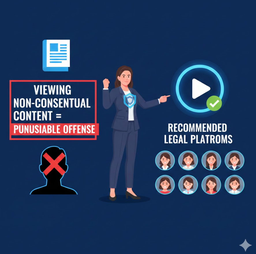 디지털 성범죄 처벌법 관련 경고 인포그래픽으로, 법전 아이콘과 “비동의 유포물 시청 = 처벌 대상” 문구가 강조되어 있고, 합법 플랫폼 추천 아이콘이 함께 배치된 경각심과 희망을 주는 디자인