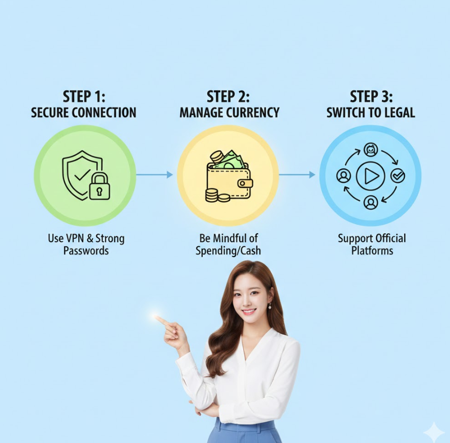 안전하고 건강한 즐기기 가이드 인포그래픽으로, “안전 접속”, “캐시 관리”, “합법 플랫폼 전환” 3단계가 원형으로 배치되어 있고 각 단계에 밝고 긍정적인 아이콘과 설명이 들어간 디자인
