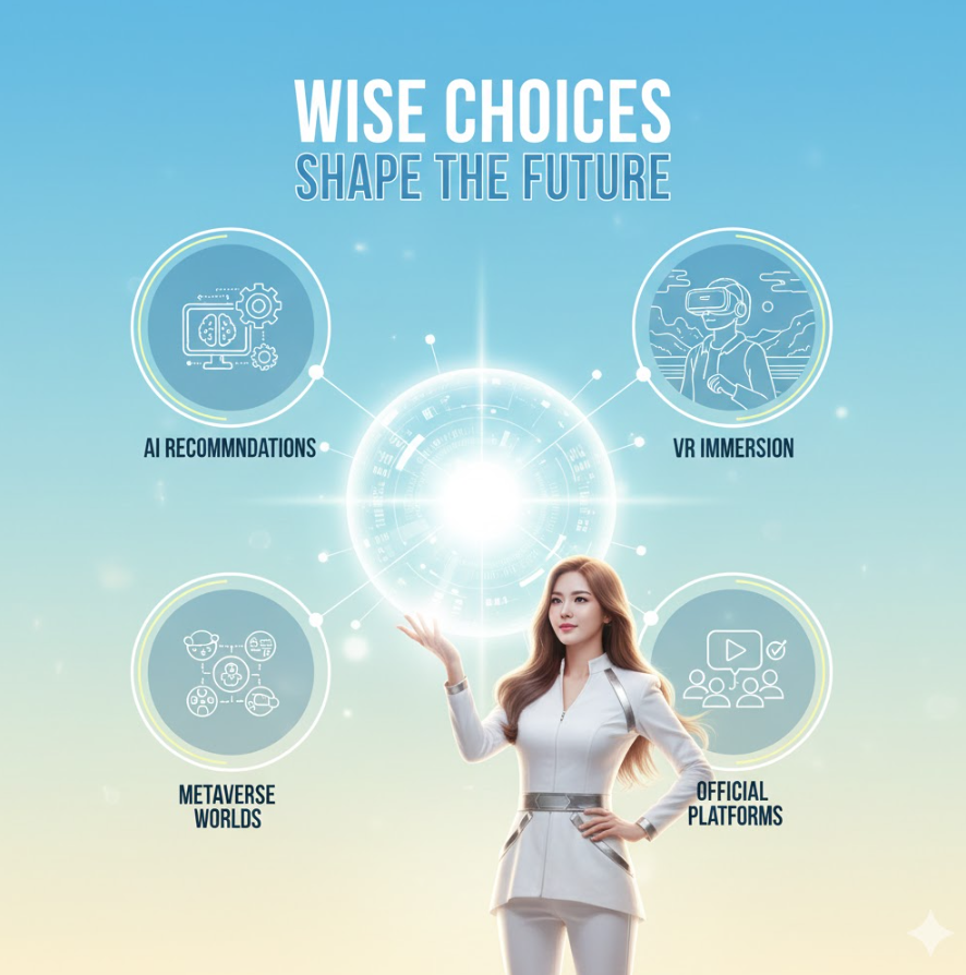 미래 비전 인포그래픽으로, AI 추천 시스템, VR 체험, 메타버스 장면, 합법 플랫폼 아이콘이 미래 지향적으로 배치되어 있고 “현명한 선택이 미래를 만든다”라는 큰 문구가 들어간 밝고 희망적인 디자인