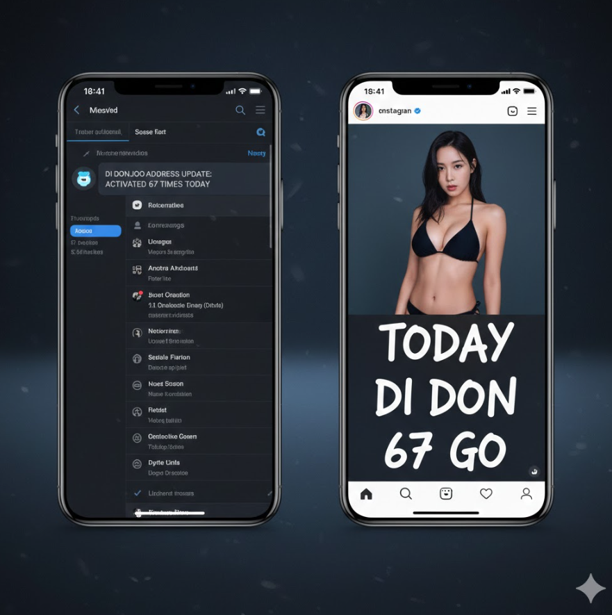 디스코드 채널에 봇이 “di동주소 업데이트: 오늘은 67번 활성화됨”이라고 알림 띄우는 화면 + 인스타 스토리에 “오늘 di동 67번 GO”라고 쓴 캡처가 동시에 보이는 콜라주 