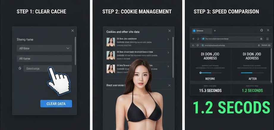브라우저 캐시 삭제와 쿠키 관리 화면 단계별 콜라주로, 크롬 설정에서 “전체 시간” 선택 후 삭제 버튼을 누르는 모습