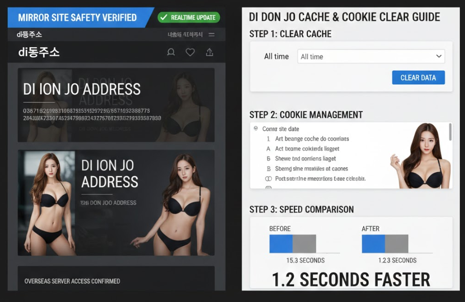 해외 미러 사이트 실제 화면 캡처로, 해외 서버에서 접속한 di동 복제본 페이지가 보이고, 상단에 “미러 사이트 안전 확인됨” 표시와 실시간 업데이트 배지가 들어간 전문적인 화면