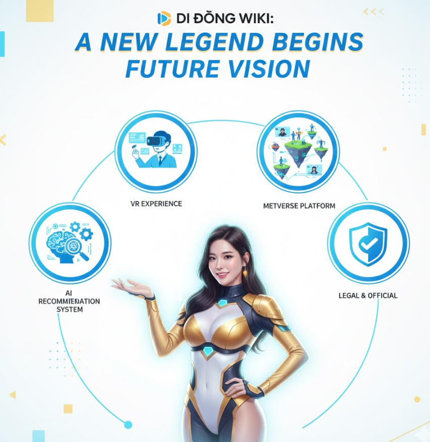  미래 비전 인포그래픽으로, AI 추천 시스템, VR 체험, 메타버스 장면, 합법 플랫폼 아이콘이 미래 지향적으로 배치되어 있고 “새로운 레전드가 시작된다”라는 큰 문구가 들어간 밝고 희망적인 디자인