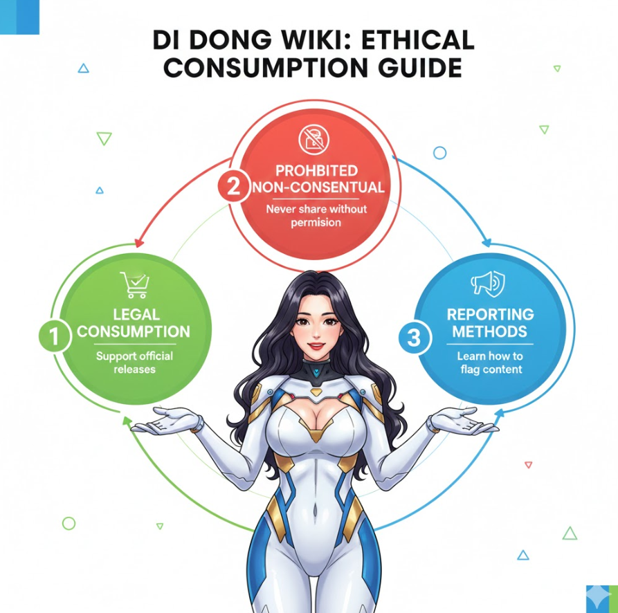 윤리적 소비 인포그래픽으로, “합법 소비”, “비동의 유포물 금지”, “신고 방법” 3단계가 원형으로 배치되어 있고 각 단계에 밝고 긍정적인 아이콘과 설명이 들어간 디자인