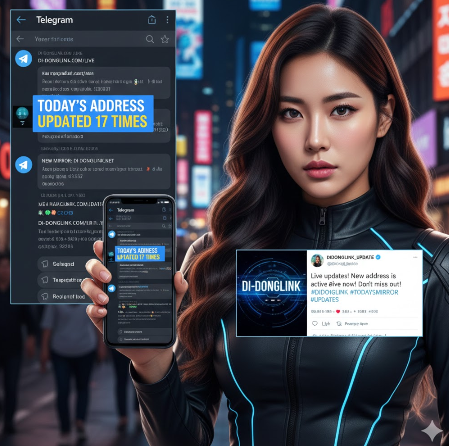 텔레그램과 트위터에서 di동링크가 실시간으로 공유되는 화면 콜라주로, 텔레그램 채널에 “오늘 주소 17번 업데이트” 메시지와 트위터에 해시태그 포스트가 함께 보이는 생생한 실제 상황 재현 이미지