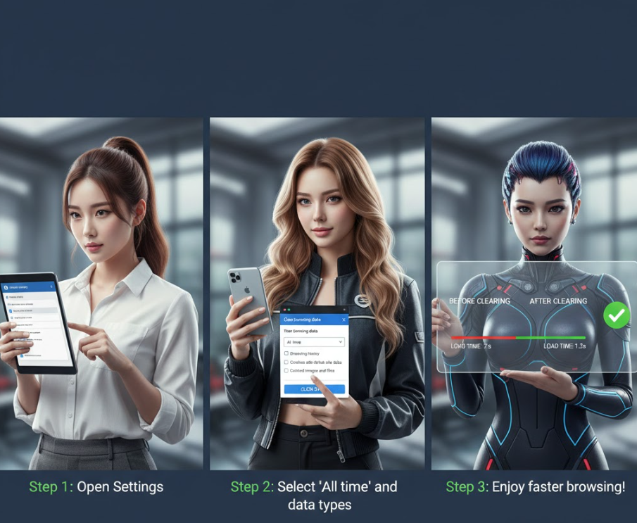  브라우저 캐시 삭제와 쿠키 관리 화면 단계별 콜라주로, 크롬 설정에서 “전체 시간” 선택 후 삭제 버튼을 누르는 모습