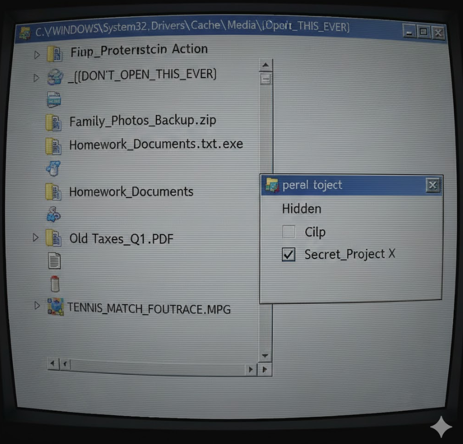 시스템 숨김 폴더 재현 이미지로, Windows 탐색기 화면에 시스템 폴더 깊숙이 숨겨진 폴더와 위장 이름, 숨김 속성 체크가 표시된 레트로 PC 화면 스타일의 유머러스한 장면