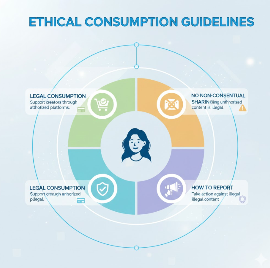 윤리적 소비 인포그래픽으로, “합법 소비”, “비동의 유포물 금지”, “신고 방법” 3단계가 원형으로 배치