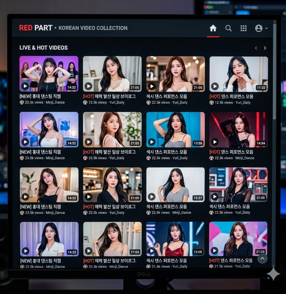 강렬한 썸네일과 영상 목록이 빼곡히 배치된 인터페이스