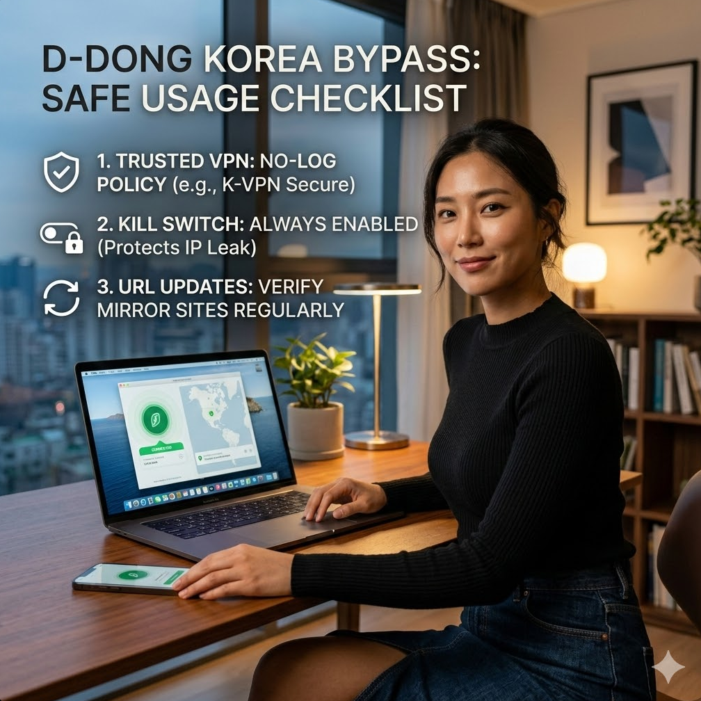 VPN 노로그 정책(No-Log Policy), 킬 스위치(Kill Switch) 활성화, 미러 사이트 확인 등 사용자가 반드시 확인해야 할 안전 체크리스트가 영문으로 상세히 기재되어 있어 신뢰감을 줍니다.