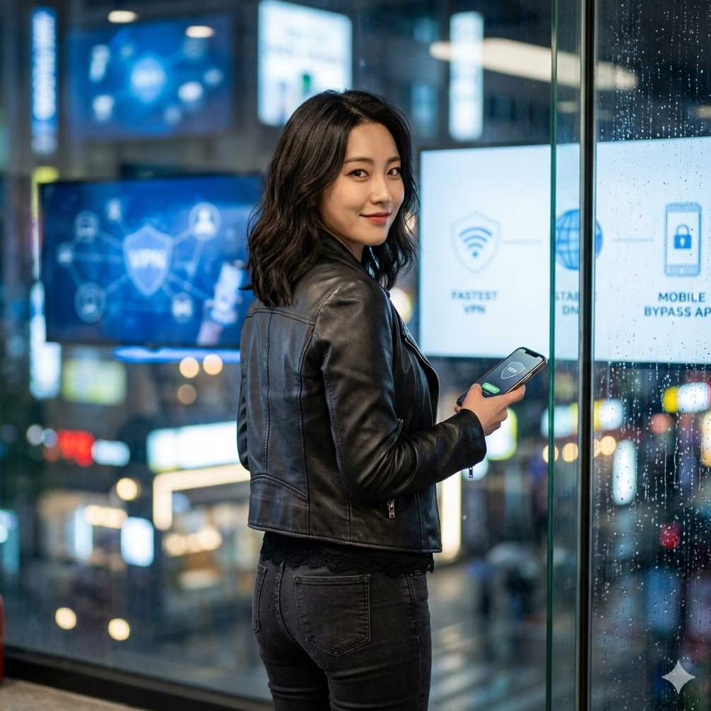 최고 속도 VPN, 안정적인 DNS, 모바일 전용 앱이라는 세 가지 핵심 도구를 아이콘과 함께 배치하여, 복잡한 우회 기술을 누구나 이해하기 쉽게 표현했습니다.