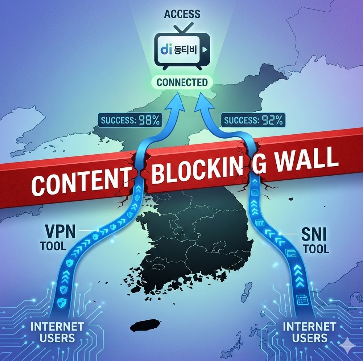 파란색 화살표 형태의 VPN과 SNI 도구가 벽을 뚫고 di동티비 아이콘으로 이어지는 시각화된 그래픽, 각 화살표에 성공 퍼센트가 표시된 디자인 파란색 화살표 형태의 VPN과 SNI 도구가 벽을 뚫고 di동티비 아이콘으로 이어지는 시각화된 그래픽, 각 화살표에 성공 퍼센트가 표시된 디자인