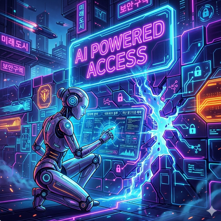 AI 로봇이 di동티비 차단 벽을 분석하고 뚫는 미래 지향적 일러스트, 네온 컬러로 'AI Powered Access' 텍스트 추가. AI 로봇이 di동티비 차단 벽을 분석하고 뚫는 미래 지향적 일러스트, 네온 컬러로 'AI Powered Access' 텍스트 추가.