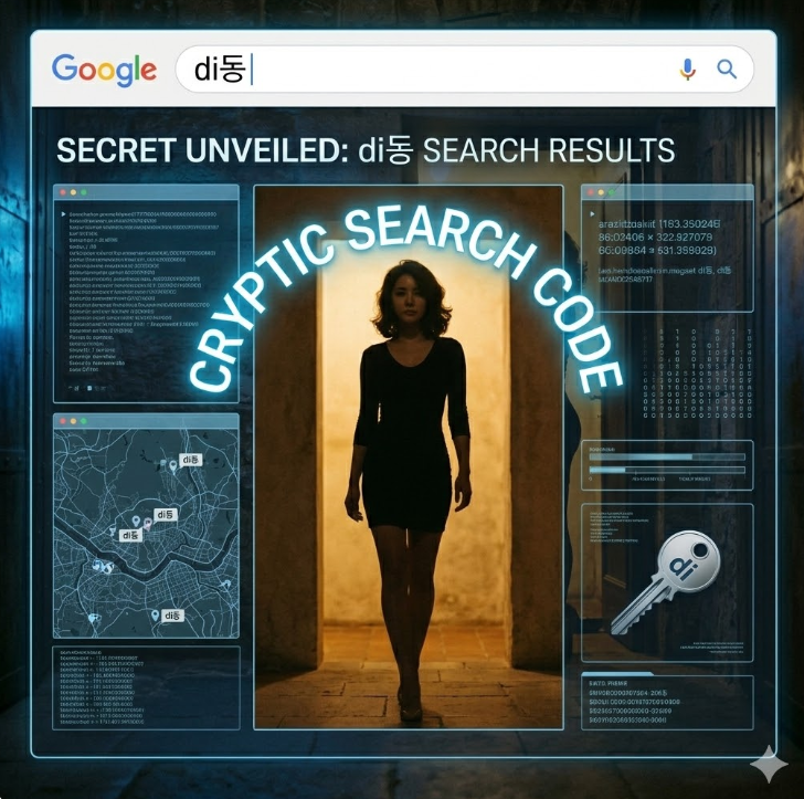 구글 검색창에 'di동' 키워드가 입력되고, 은밀한 결과 페이지가 펼쳐지는 그래픽, 'Cryptic Search Code' 텍스트가 강조