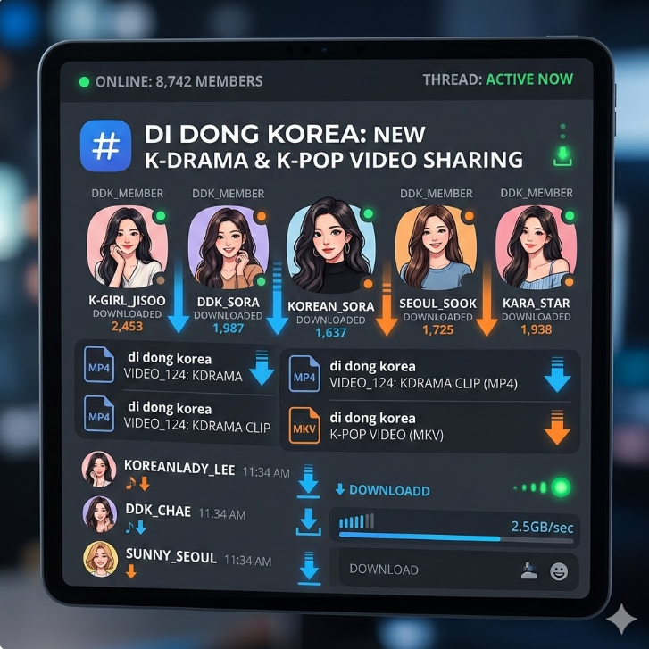 디스코드나 네이버 카페 화면에 di동코리아 영상 파일 공유 스레드가 열린 그래픽