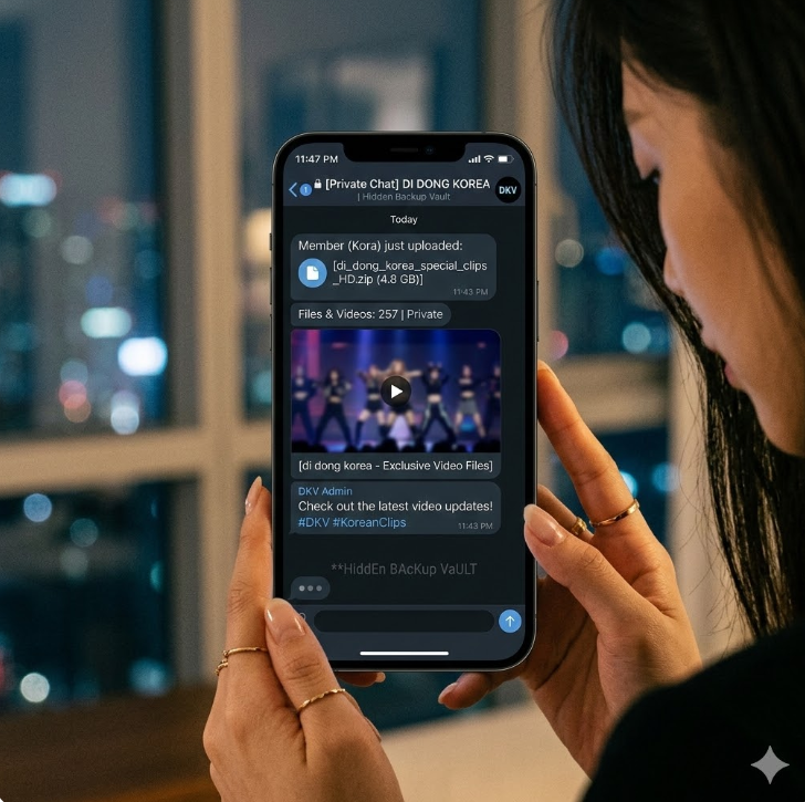 텔레그램 비밀 채팅에 di동코리아 영상 파일이 업로드된 화면 그래픽, 'Hidden Backup Vault' 텍스트가 은밀하게 배치