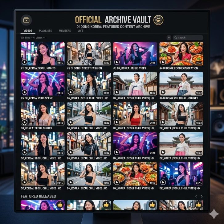  VOD 아카이브 목록에 di동코리아 영상 썸네일이 나열된 그래픽, 'Official Archive Vault' 텍스트가 중앙에 배치된 디자인.