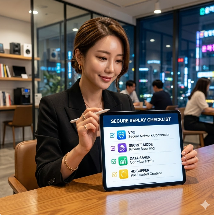 체크리스트 형태 그래픽에 데이터 절약·시크릿 모드·VPN 아이콘이 체크된 리스트, 'Secure Replay Checklist' 텍스트가 중앙에 배치된 디자인.