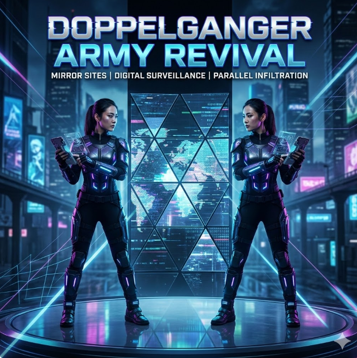  원본과 복제된 di동코리아 사이트가 거울처럼 마주보는 그래픽, 'Doppelganger Army Revival' 텍스트가 강조