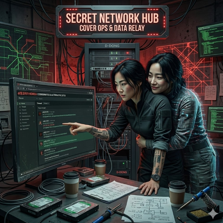 비공개 채널 포럼에 di동코리아 좌표가 공유되는 스레드 그래픽, 'Secret Network Hub' 텍스트가 배치