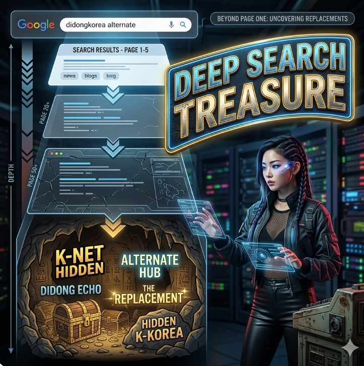 구글 검색 결과 페이지가 깊어질수록 di동코리아 대체 사이트가 드러나는 그래픽, 'Deep Search Treasure' 텍스트가 강조