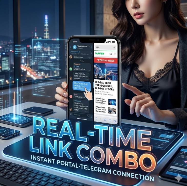 텔레그램과 포털 앱이 동시에 열린 스마트폰 화면 그래픽, 'Real-Time Link Combo' 텍스트가 배치