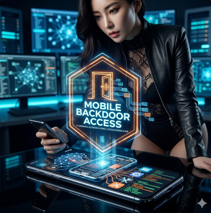 스마트폰 화면에 di동코리아 대체 백도어가 열리는 그래픽, 'Mobile Backdoor Access' 텍스트가 배치
