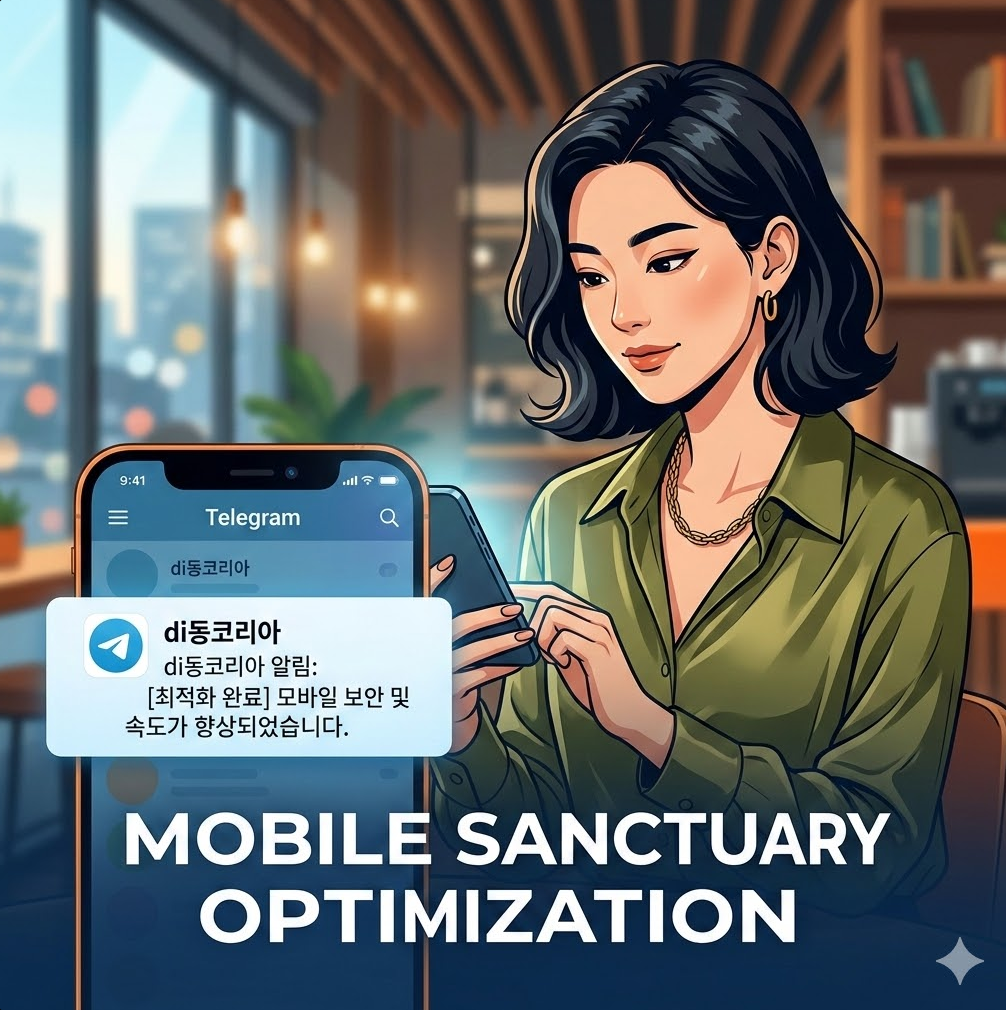 스마트폰 텔레그램 앱에 di동코리아 알림이 표시된 그래픽