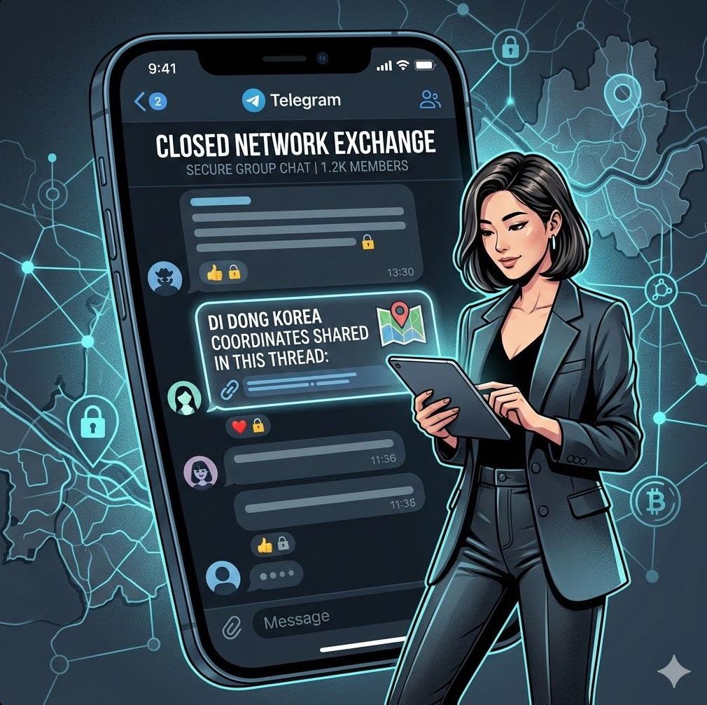 텔레그램 그룹 채팅에 di동코리아 좌표가 공유되는 스레드 그래픽